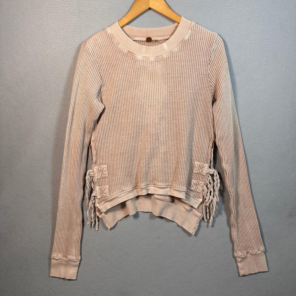 Free People FP One Waffle Knit Thermal Top Pink Side Tie Tassel XL Boho Cotton